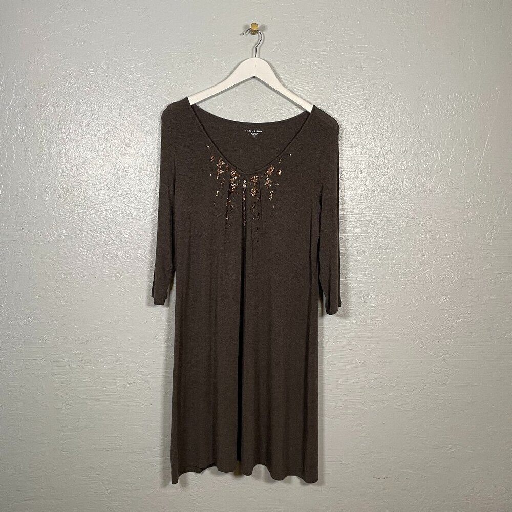 Eileen Fisher Women M Brown Sequin Beaded Shift Dress 3/4 Sleeve Jersey Knit
